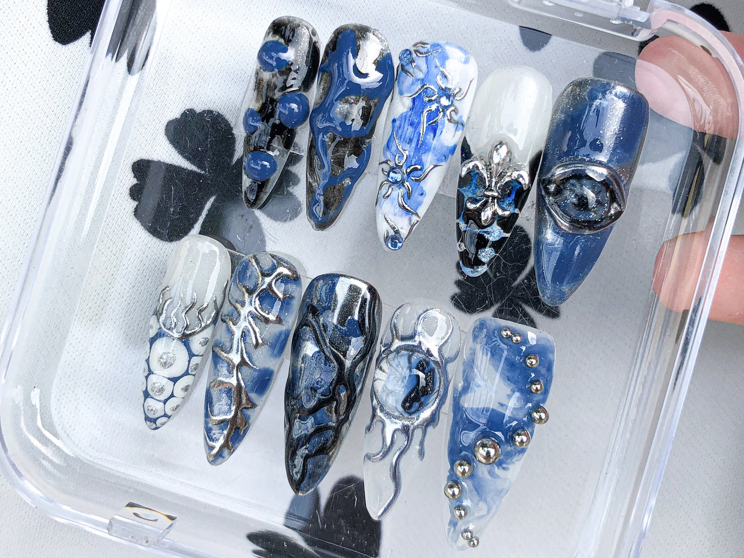 Iridescent Blue Press-On Nails with Sculpted Chrome Accents
