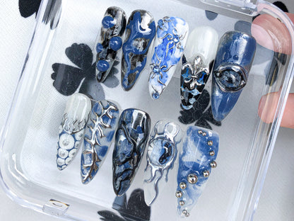 Iridescent Blue Press-On Nails with Sculpted Chrome Accents