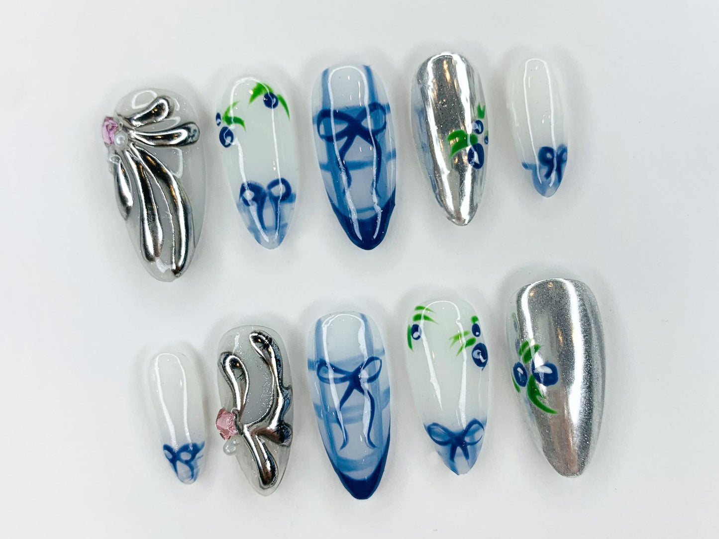 Silver Blue Ribbon Press On Nail Set
