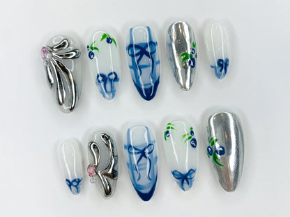 Silver Blue Ribbon Press On Nail Set
