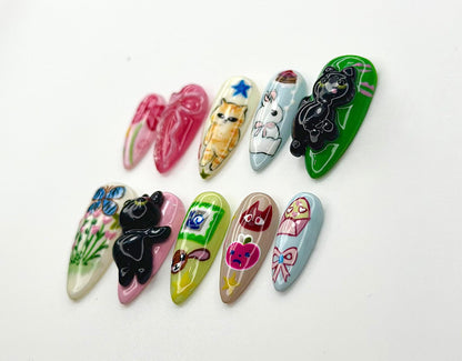 Kawaii Cat Bunny Ribbon Press On Nails