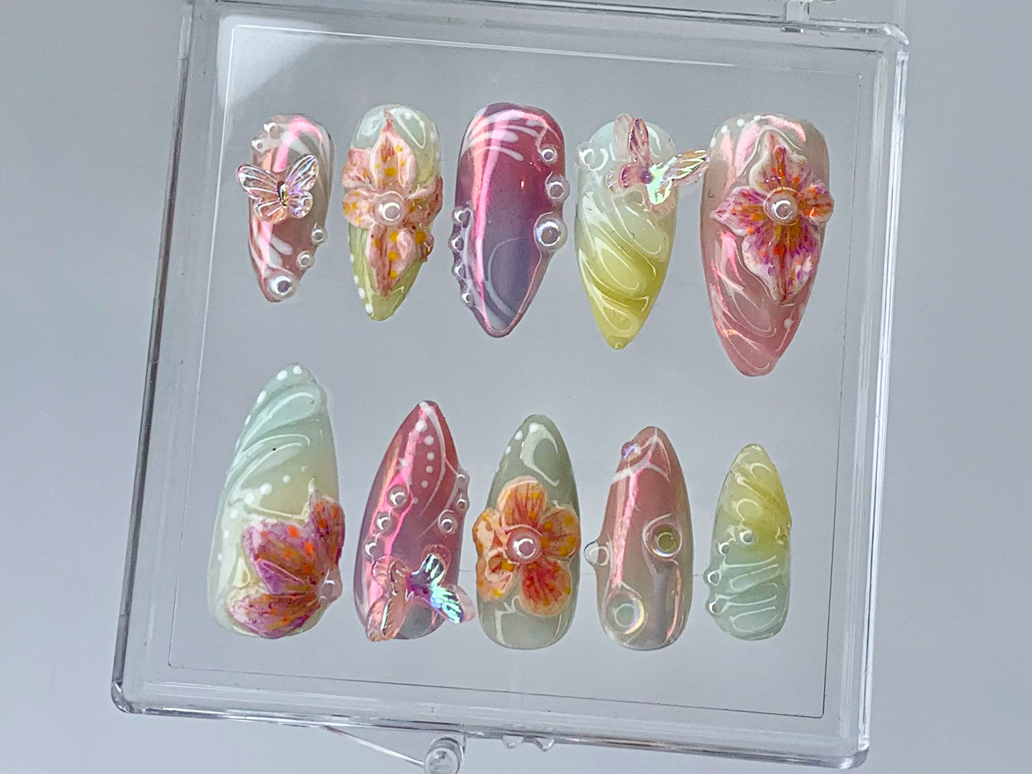 Secret Garden Press On Nails Long Almond Pastel Floral Fantasy