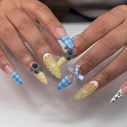 Summer Gingham Fruit Press On Nails Blueberry Lemon Design