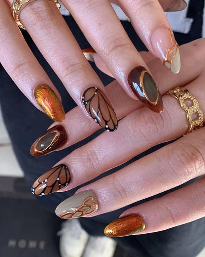 Butterfly Glazed Caramel Chrome Press On Nails Set