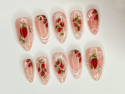 Pink Strawberry Garden Press On Nails