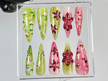 Lotus Garden Bloom 3D Press On Nail Set