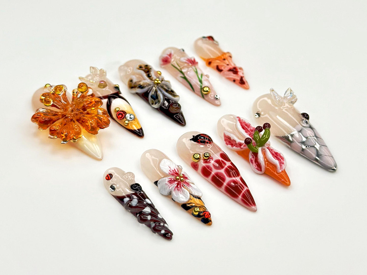 Stunning 3D Floral Acrylic Nails Set