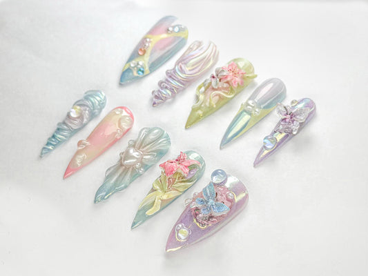 3D Pastel Press-On Nails – Floral & Butterfly Design