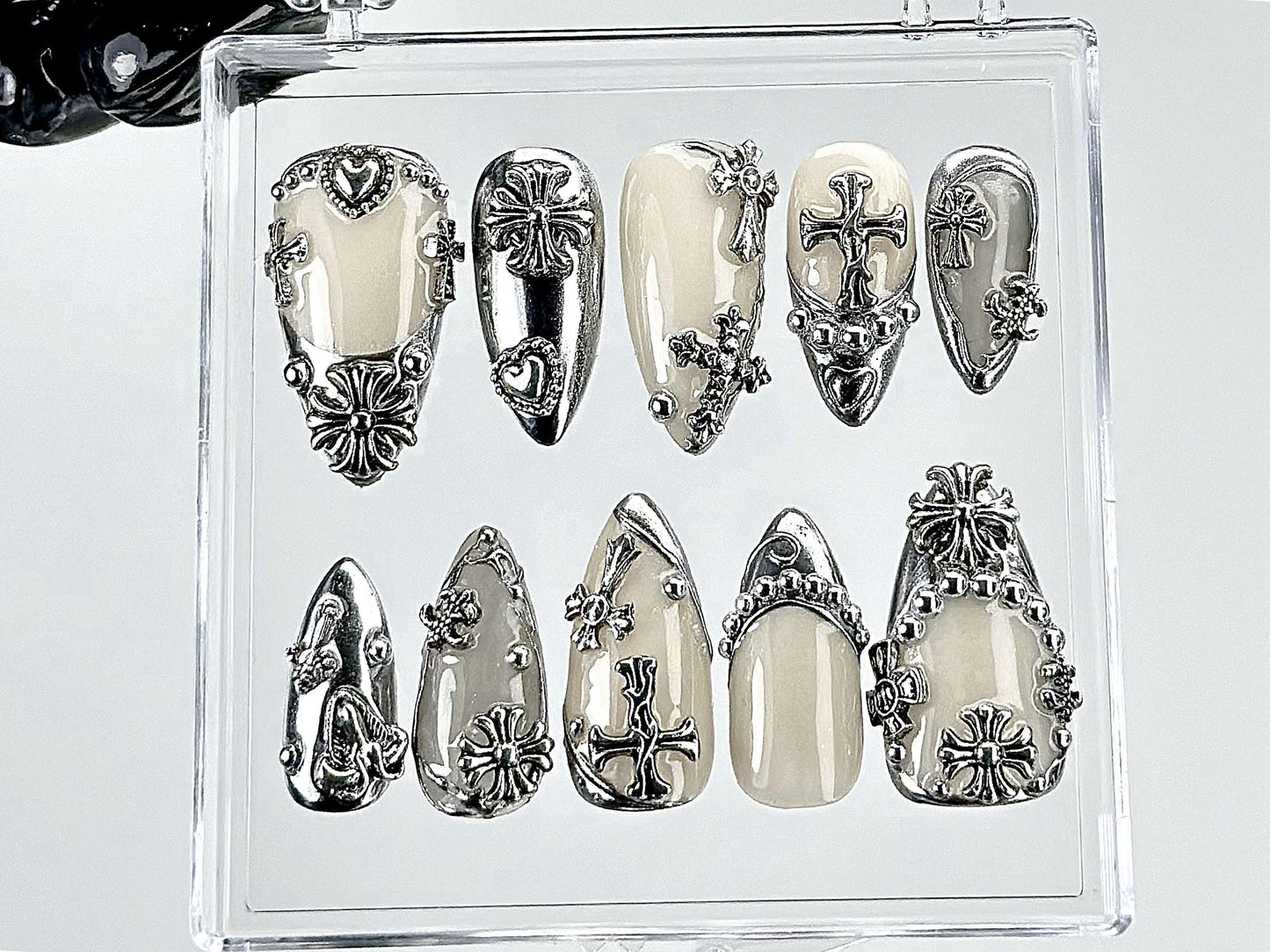 Gothic Chrome Cross Press On Nail Set