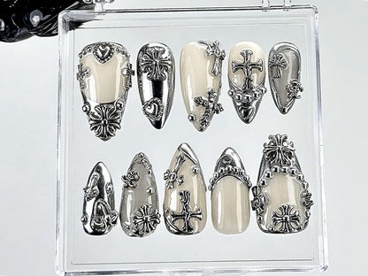 Gothic Chrome Cross Press On Nail Set