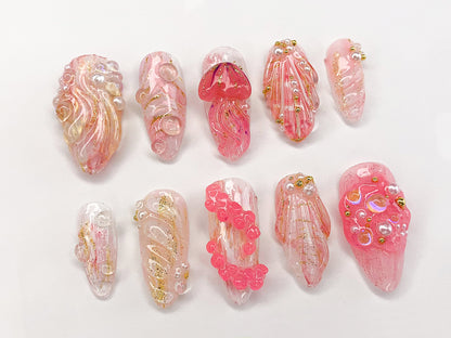 Mermaid Pink Gold Pearl 3D Press On Nails