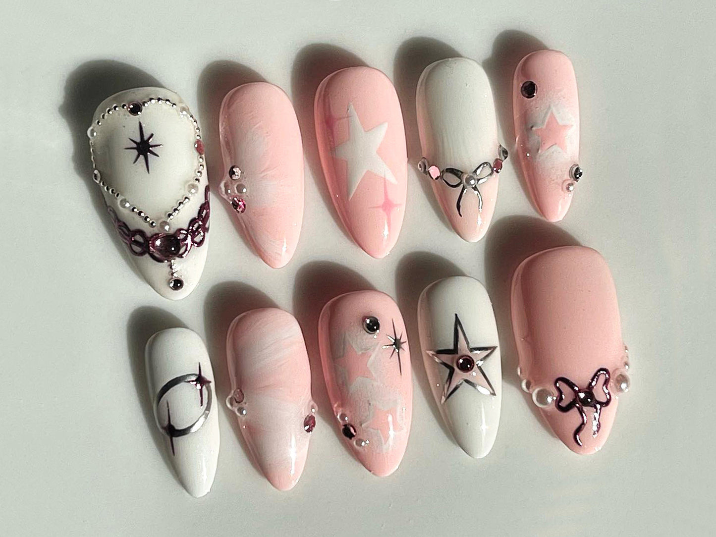 Pink Star Pearl Charm Press On Nails Set