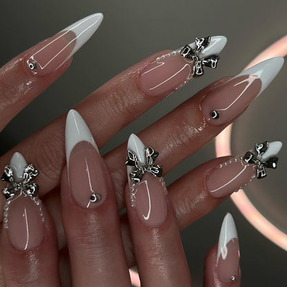 White Chrome Bow French Press On Nails
