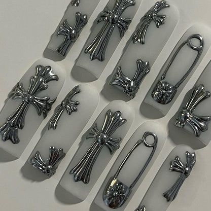 Gothic Chrome Cross Press On Nails Set