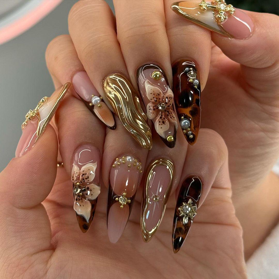 Tortoise Shell Floral Gold Press On Nails
