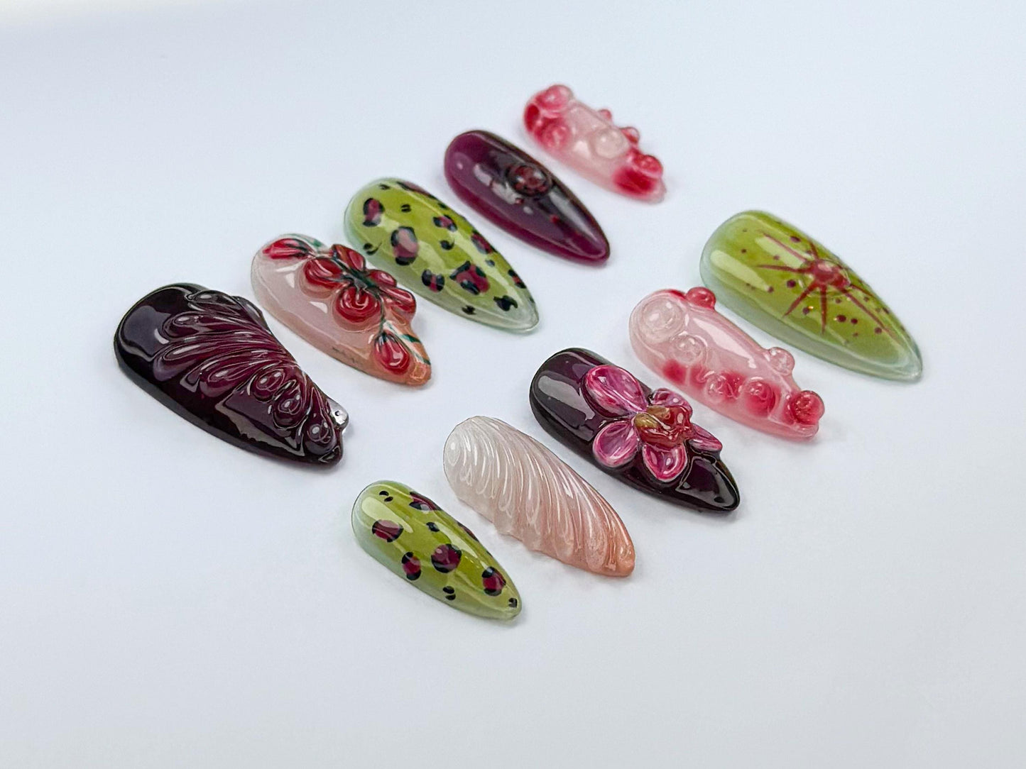 Whimsical Garden Press On Nails with 3D Floral and Ladybug Art