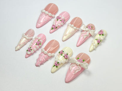 3D Rose & Lace Bridal Press-On Nails