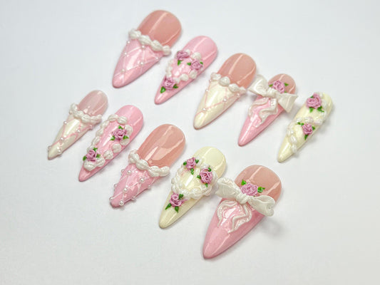 3D Rose & Lace Bridal Press-On Nails
