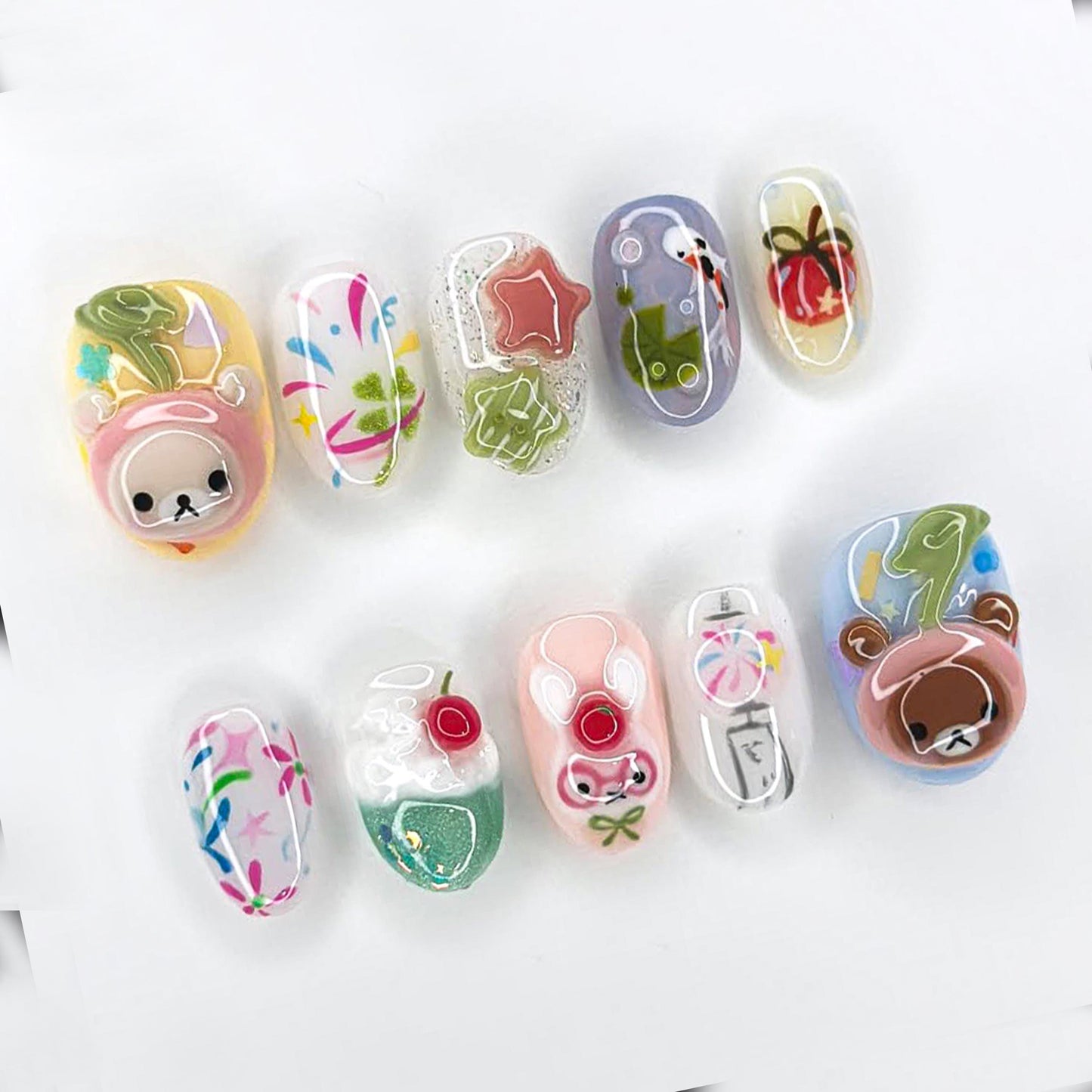Cute 3D Kawaii Bear Nail Art Set - Handmade, Unique Designs