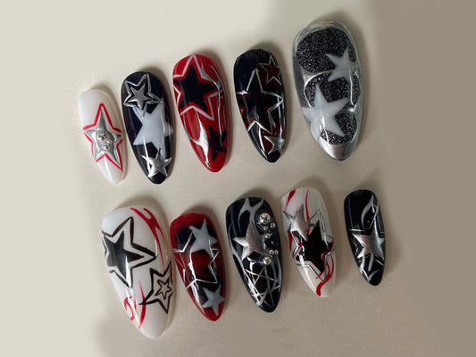 3D Star Press On Nails Red Black White