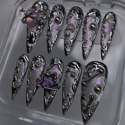 Gothic Chrome Purple Flame Press On Nails Set