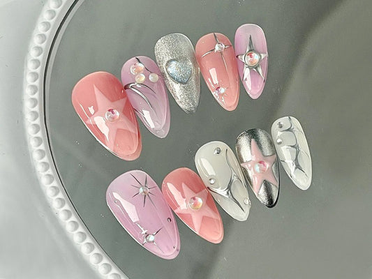 3D Star Pink Chrome Press On Nails Set