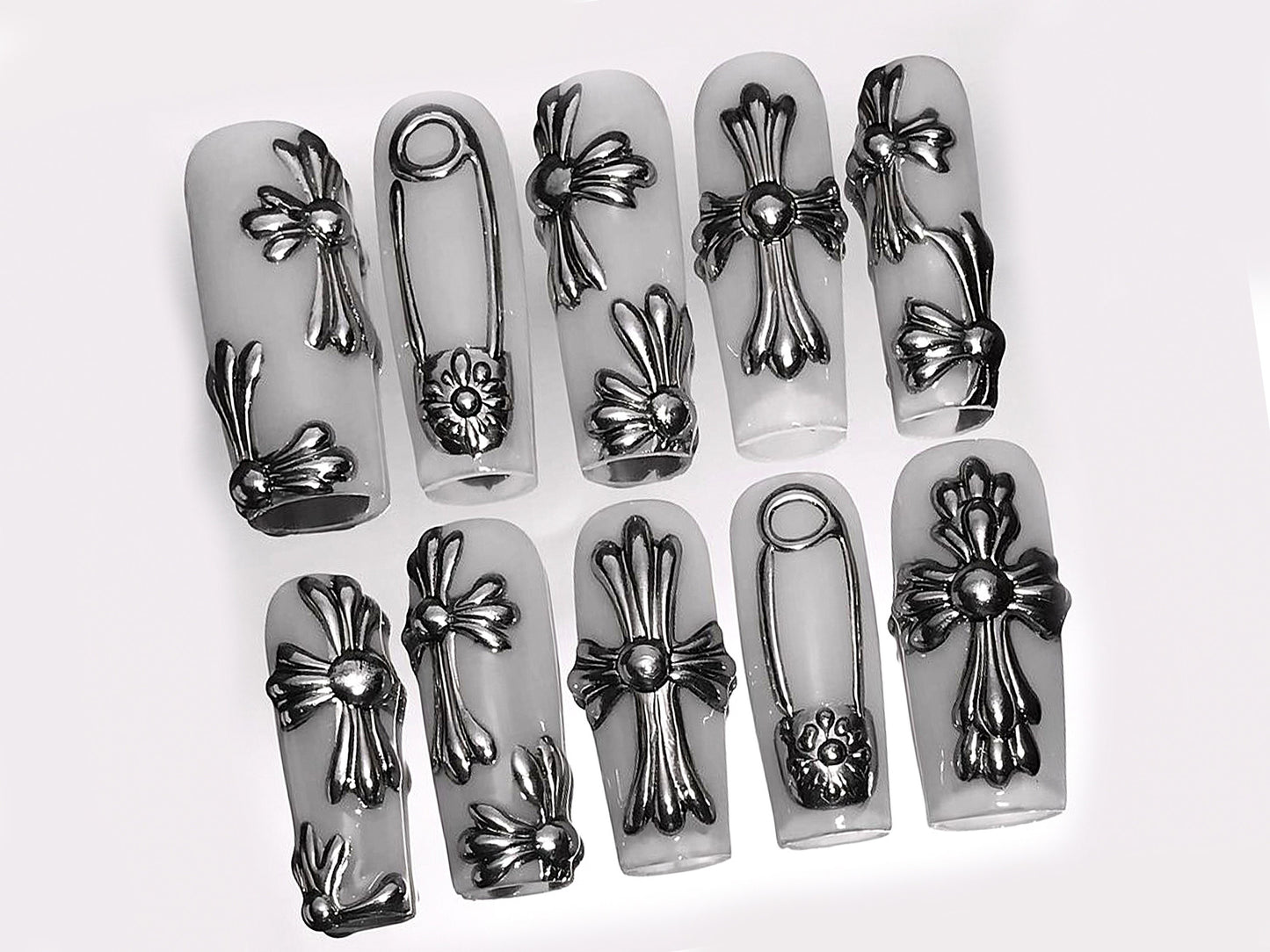Gothic Chrome Cross Press On Nails Set