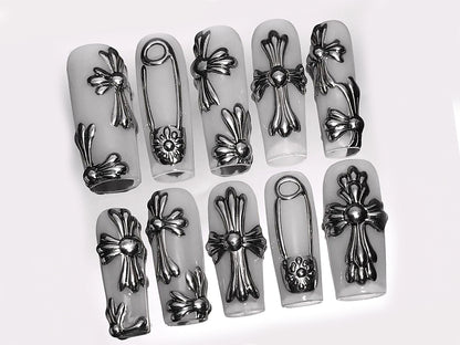 Gothic Chrome Cross Press On Nails Set