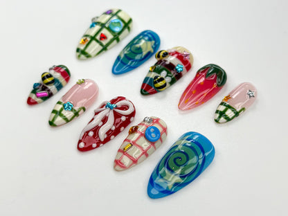 Vibrant 3D Nail Art Set - Unique Handcrafted Designs