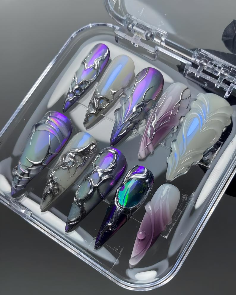 Iridescent Purple Press-On Nails - Long Stiletto, Holographic 3D Art, 10pc Set