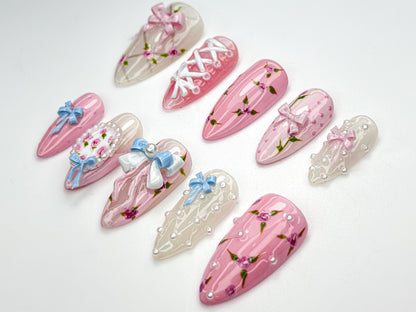 Chic Pink Floral Bow Nail Art Set