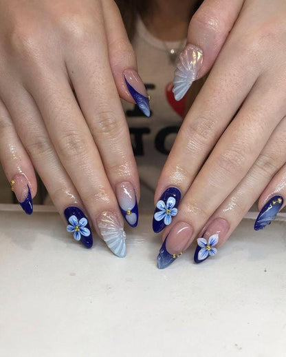 Navy Blue Blossom 3D Floral Press On Nails