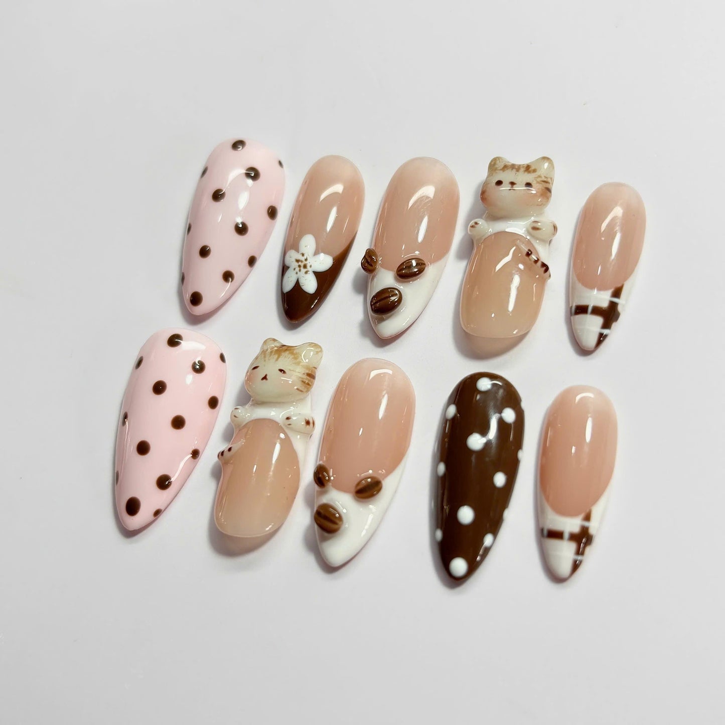 Coffee Cat Press On Nail Set Cute Brown Cream Style