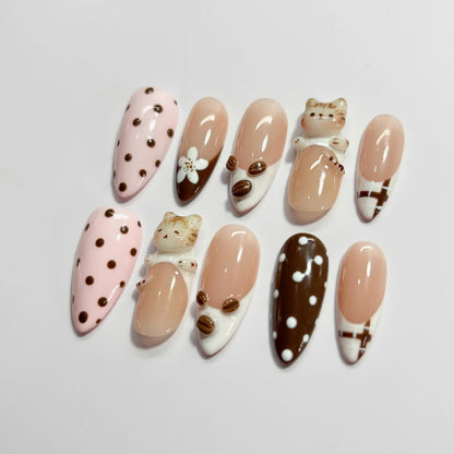 Coffee Cat Press On Nail Set Cute Brown Cream Style