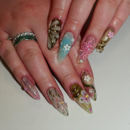 3D Floral Fantasy Press-On Nails with Enchanted Charm.