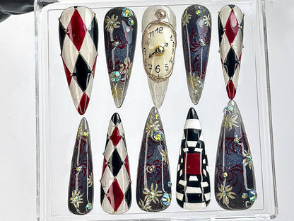 Surreal Harlequin Clock Art Press On Nails Set