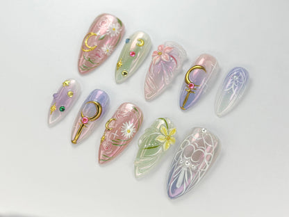 Stunning Sailor Moon Floral Nail Art Set - Elegant, Sparkling, Unique Design