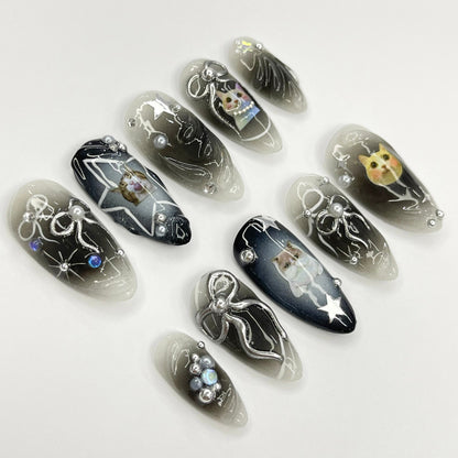 Black Cat Aura Medium Almond Press On Nails