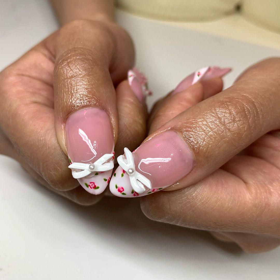 3D Pink Blossom French Tip Press Nails