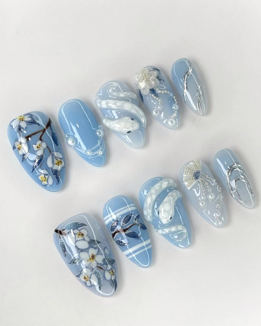 Blue Floral Snake Nail Art Set - Elegant Press-On Nails with Pearl Accents