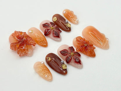 Luxe 3D Floral Press-On Nails, Autumn Glow Set