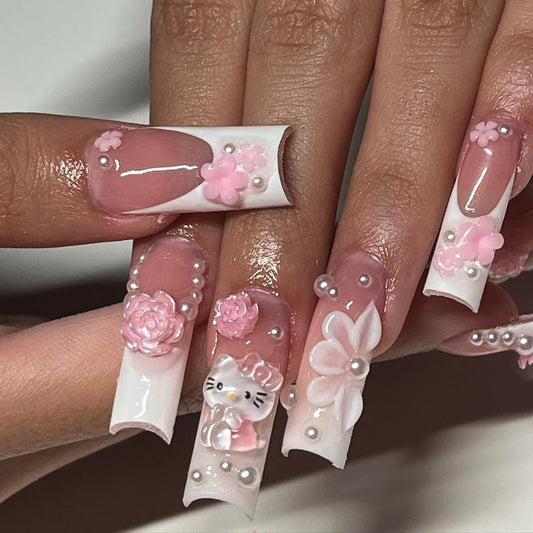 3D Hello Kitty Pink Floral Acrylic Nails - Long Stiletto Press-On Nail Art