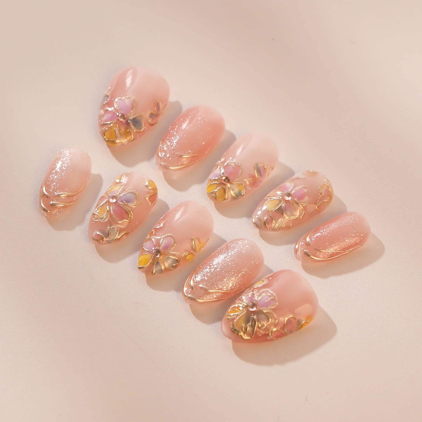 Japanese Floral Press-On Nails with Cherry Blossom Charm.