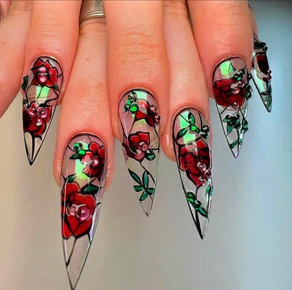 Stained Glass Rose Press On Nails, Gothic Red Floral Nails
