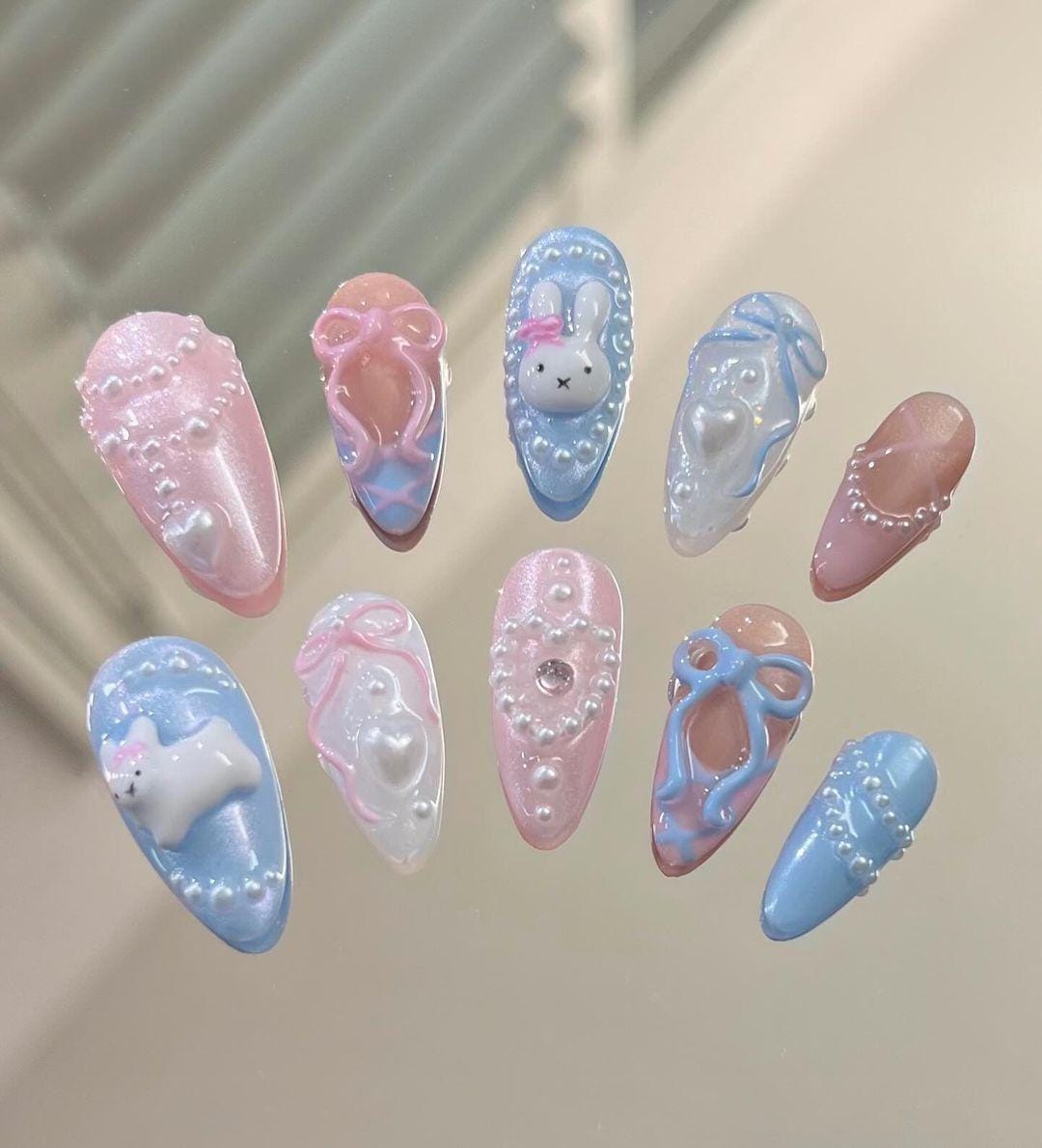 Coquette Bunny Bow & Pearl 3D Press-On Nails