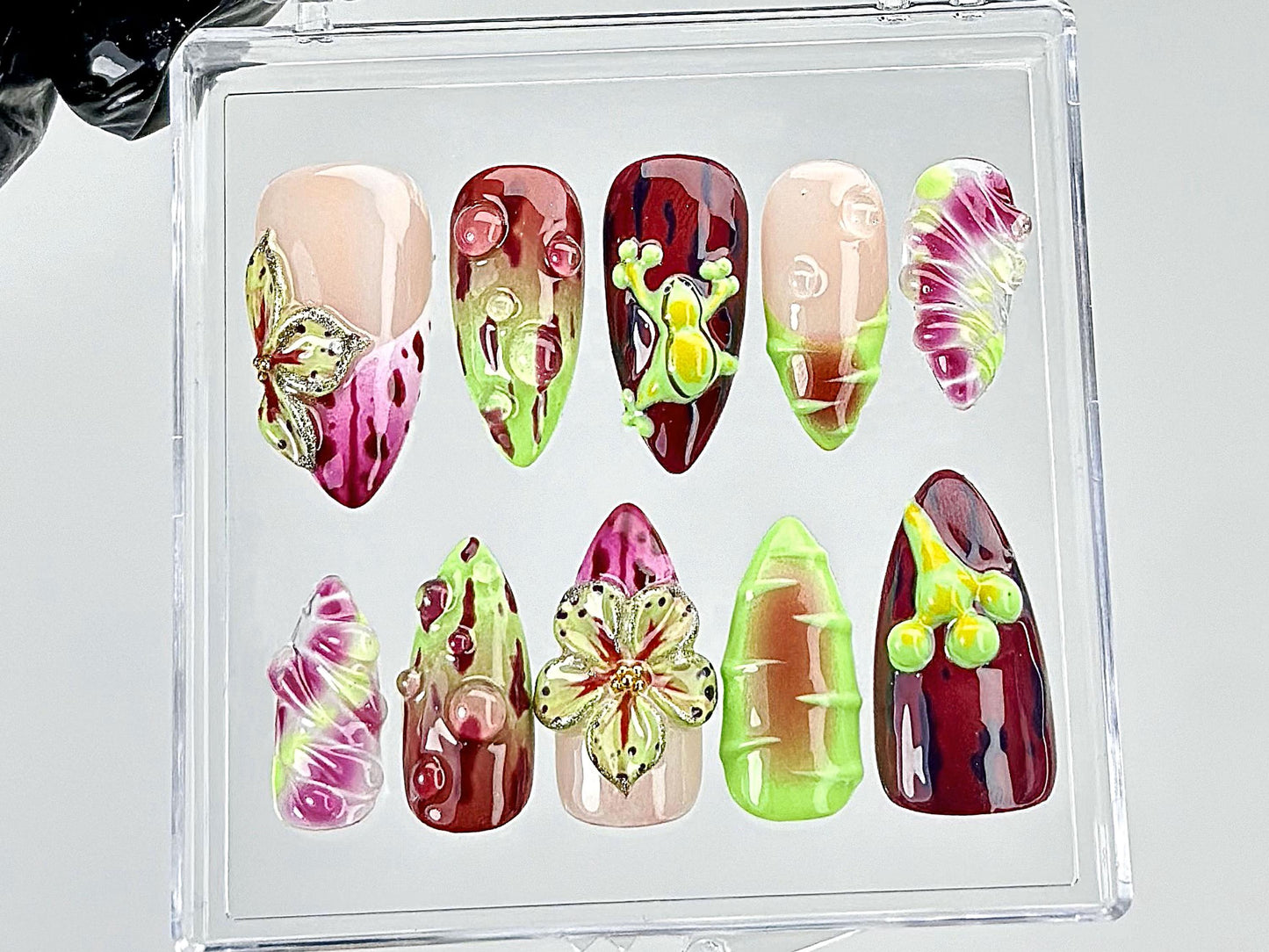 Vibrant Floral Frog Press-On Nails Set