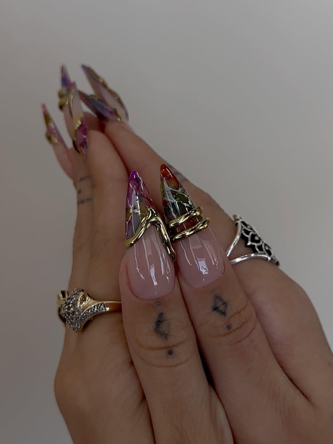 Gold Wire Wrapped Press On Nails, Luxury Marble Nail Art