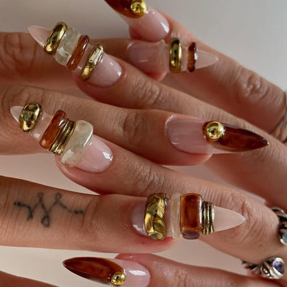 Luxe Brown & Gold Press On Nails  - 3D Stacked Gold Accent Press On Nails