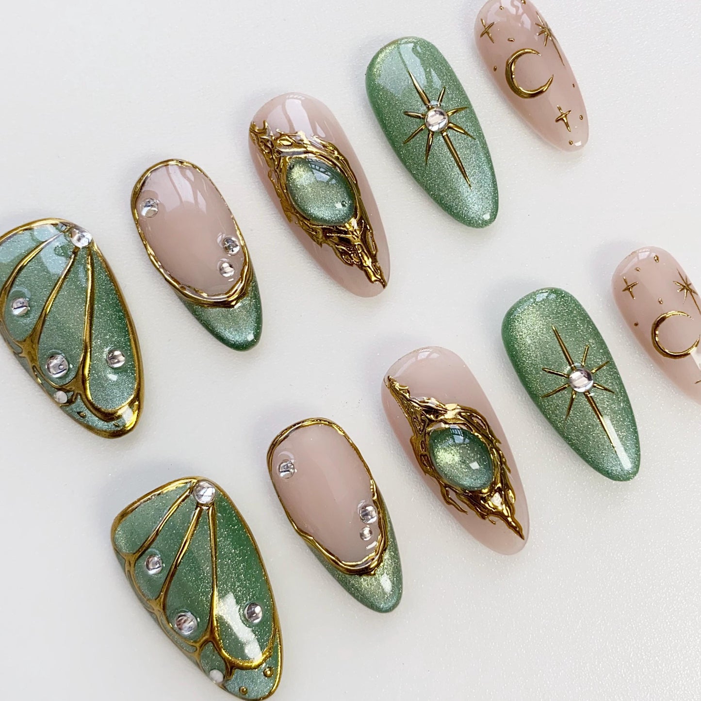 Elegant Green and Gold Press On Nails with Celestial Design