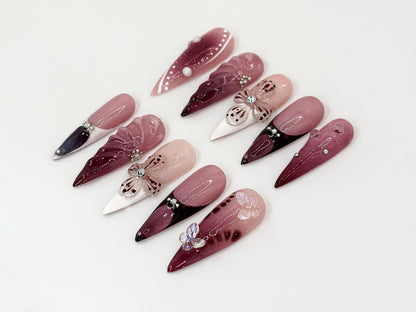 Elegant Burgundy Floral Press-On Nails Set